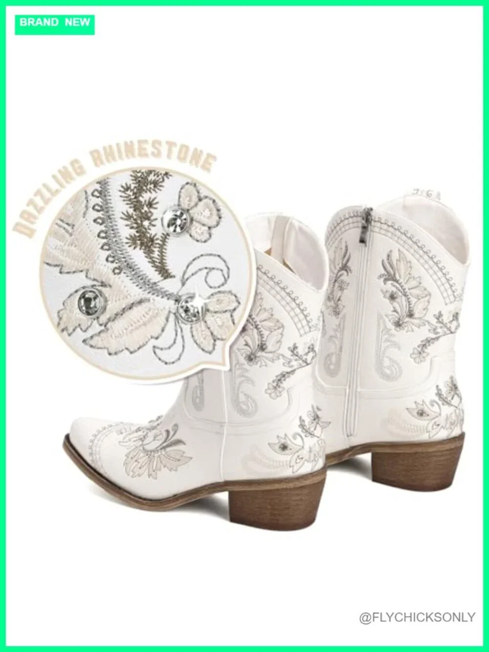 Western Embroidered Cowgirl Boots Pointed Toe Chunky Heel Side Zipper Ankle
